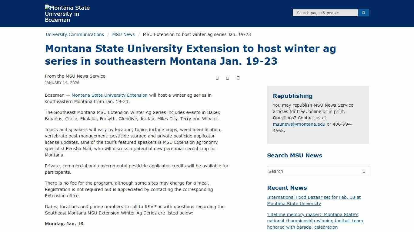 Montana State University Extension to host winter ag series in southeastern Montana Jan. 19-23