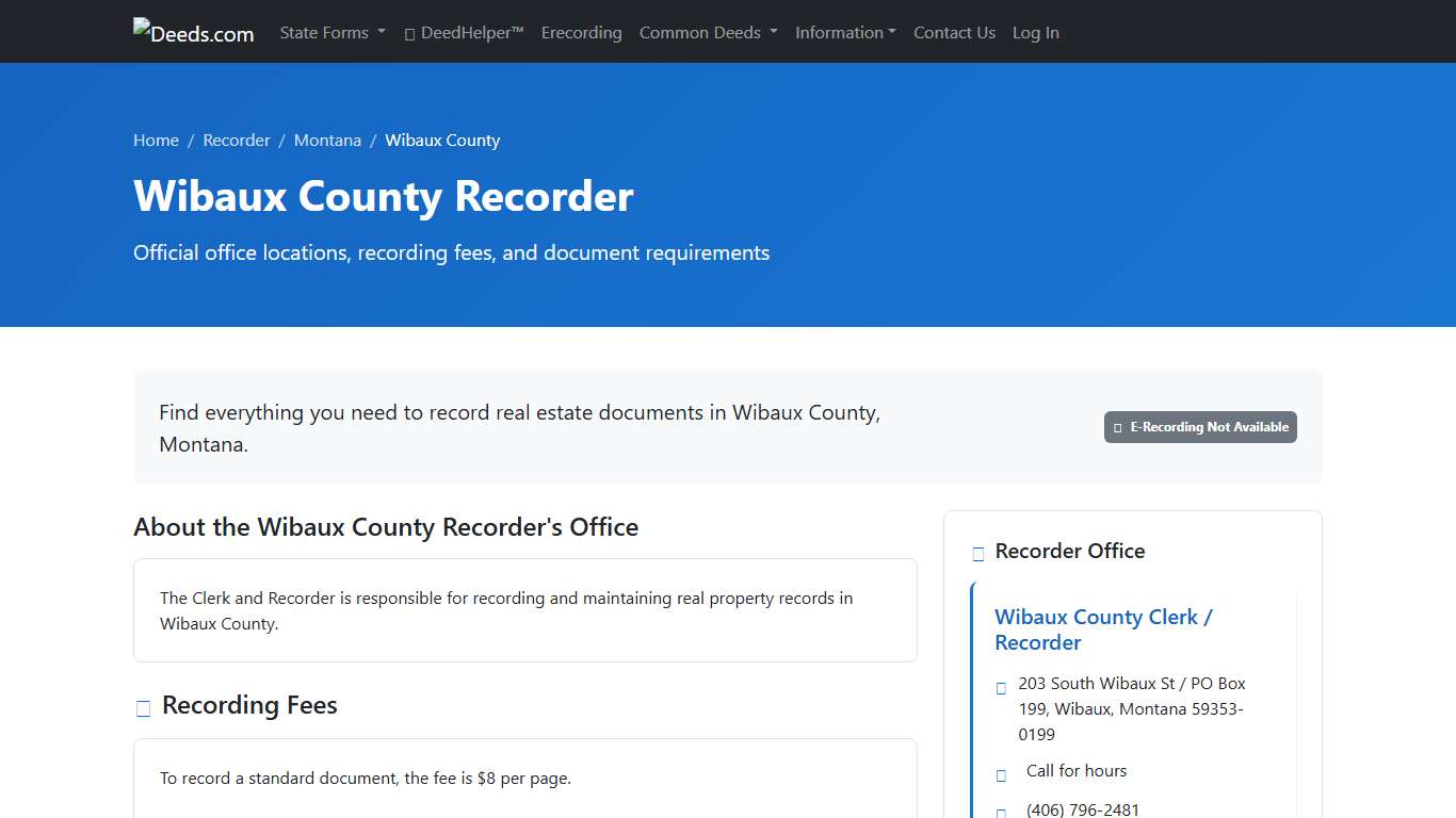 Wibaux County Recorder Information, Montana - Deeds.com